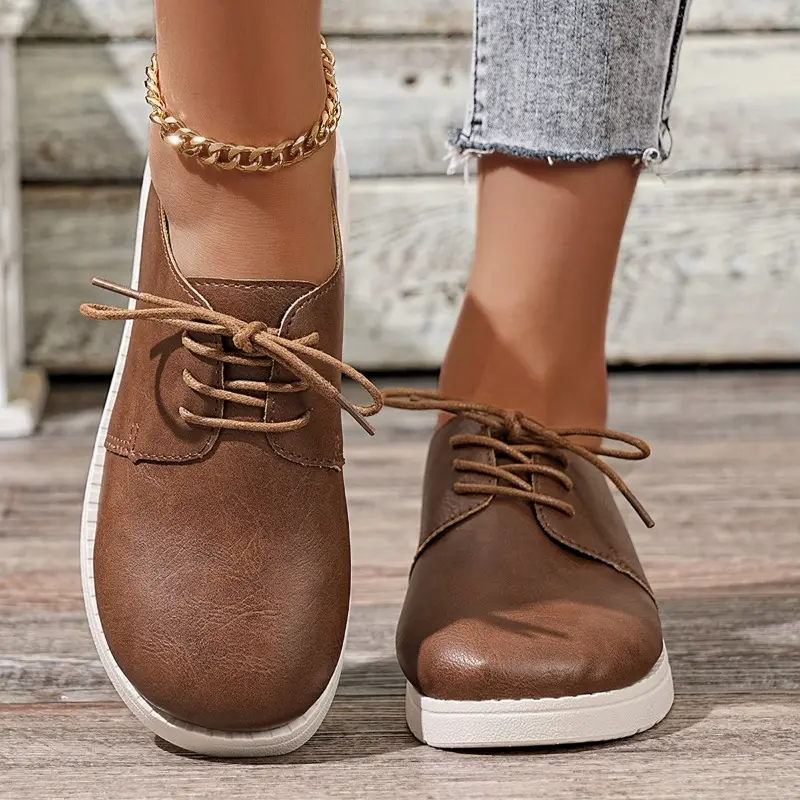 Lightweight Platform Flats Autumn New Round Toe Front Lace-Up Soft Sole Waterproof Non-Slip Low Top Shoes