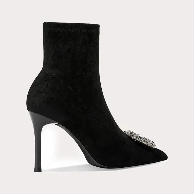 Rhinestone Skinny Heel Skinny Boots Autumn New Pointed Toe Suede Sleeve Non-Slip Anti-Shorthole Boots