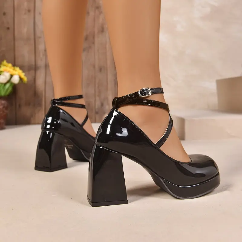 Crossover Strap High Heels Autumn New Round Toe Patent Leather Platform Non-Slip Square Heel Single