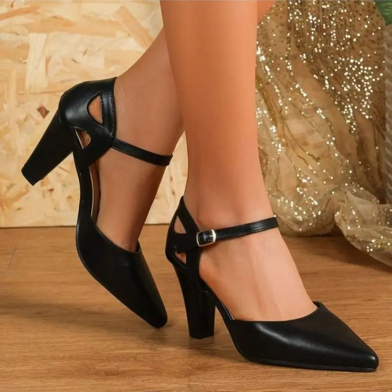 High Heel Sandals Fall New Pointed Toe Shallow Mouth One Strap Anti-Slip Wear-Resistant Block Heel Shoes