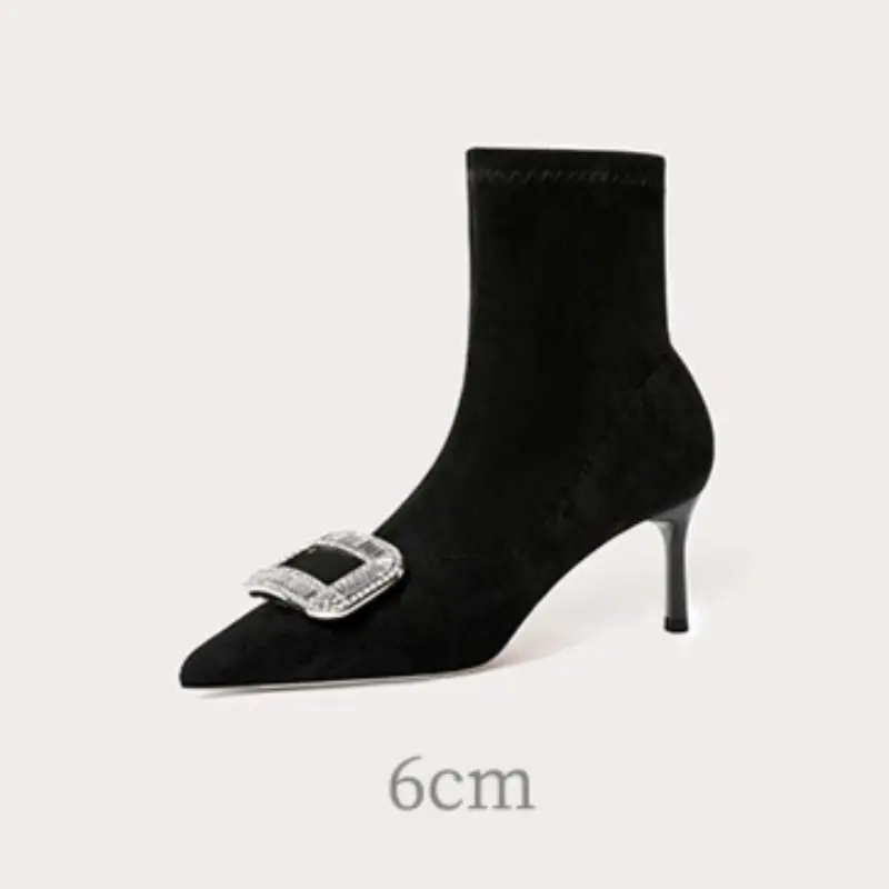 Rhinestone Skinny Heel Skinny Boots Autumn New Pointed Toe Suede Sleeve Non-Slip Anti-Shorthole Boots