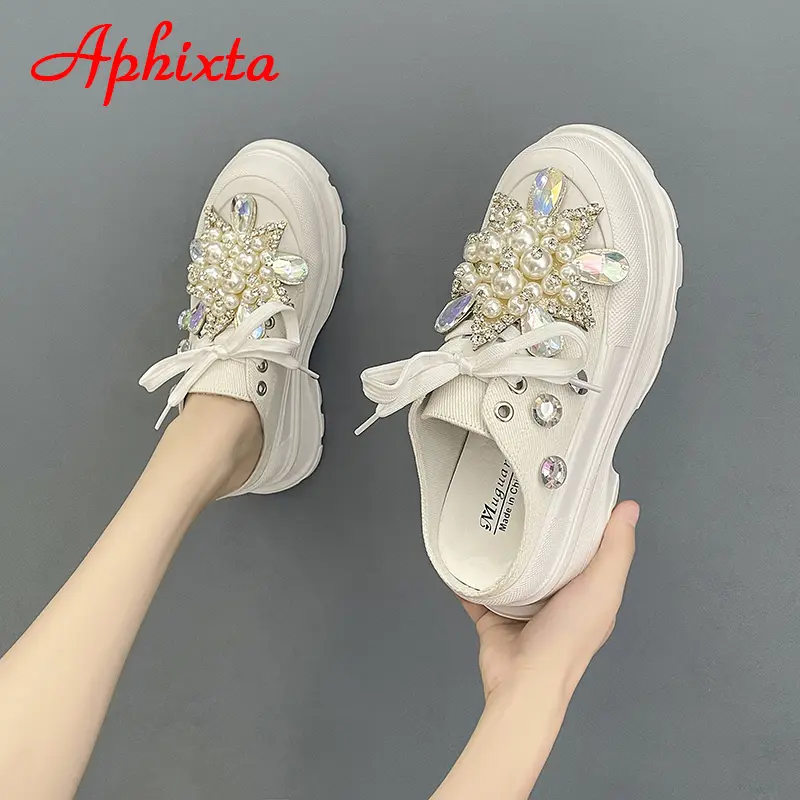 Aphixta Luxury Pearl Dimonds Flowers Rhinestone Platform Slippers Women Crystals Slides Women Shoes Wedge String Bead Slides