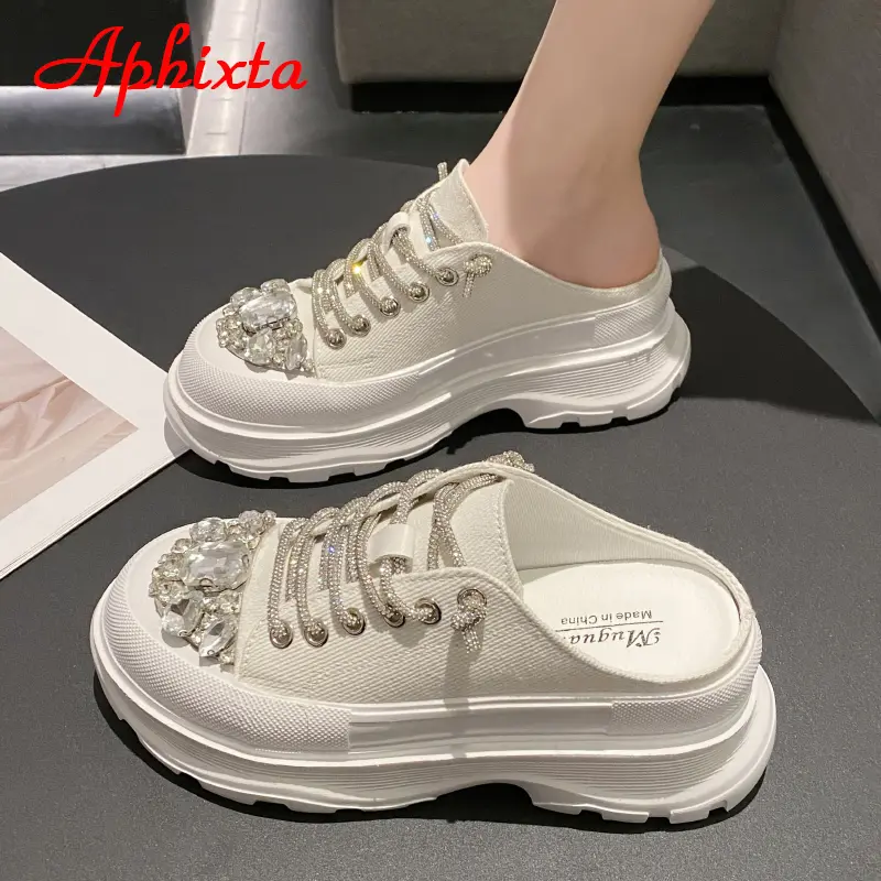 Aphixta Luxury Crystals Lace-up Toe Platform Slippers Women Rhinestone Slides Canvas Bling Shoes Wedge Thick Sole Slides
