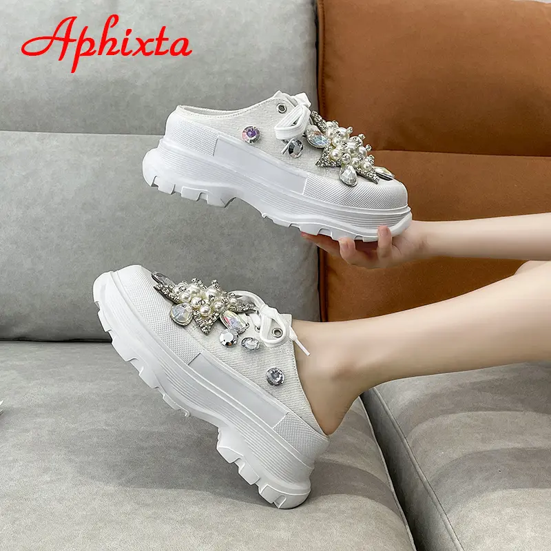 Aphixta Luxury Pearl Dimonds Flowers Rhinestone Platform Slippers Women Crystals Slides Women Shoes Wedge String Bead Slides