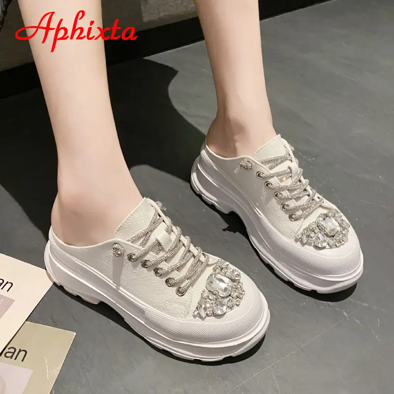 Aphixta Luxury Crystals Lace-up Toe Platform Slippers Women Rhinestone Slides Canvas Bling Shoes Wedge Thick Sole Slides