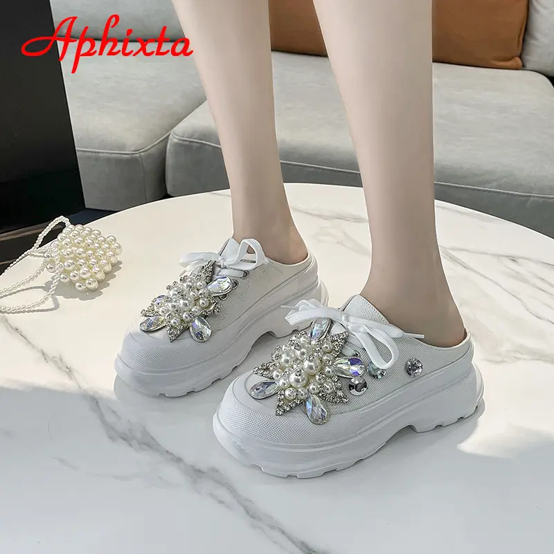 Aphixta Luxury Pearl Dimonds Flowers Rhinestone Platform Slippers Women Crystals Slides Women Shoes Wedge String Bead Slides