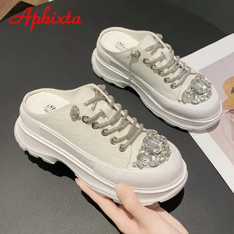 Aphixta Luxury Crystals Lace-up Toe Platform Slippers Women Rhinestone Slides Canvas Bling Shoes Wedge Thick Sole Slides