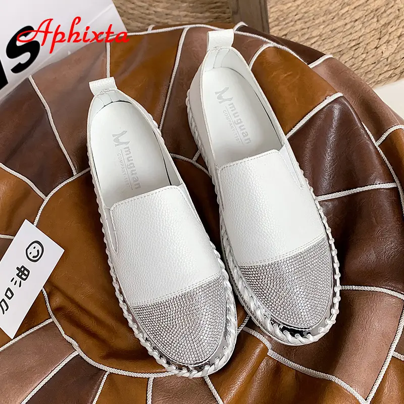 Aphixta 2025 New Crystals Luxury Leather Flats Shoes Women Hand Stitching Slip-on Flat Platform Footwear Plus Big Size 42 43