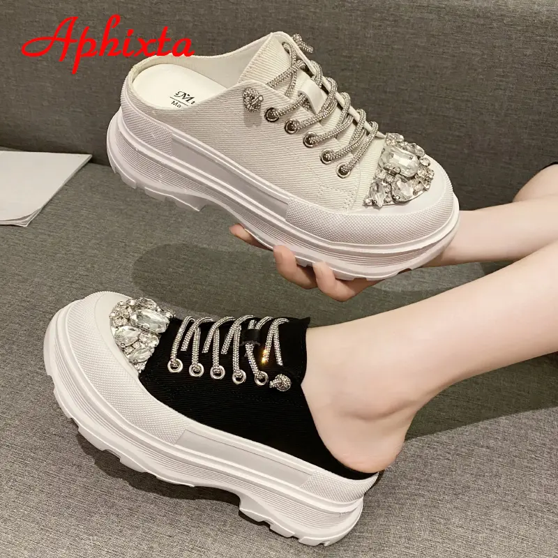 Aphixta Luxury Crystals Lace-up Toe Platform Slippers Women Rhinestone Slides Canvas Bling Shoes Wedge Thick Sole Slides