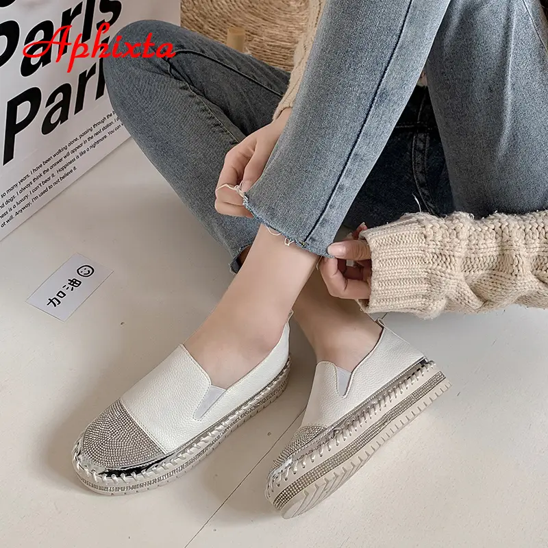 Aphixta 2025 New Crystals Luxury Leather Flats Shoes Women Hand Stitching Slip-on Flat Platform Footwear Plus Big Size 42 43