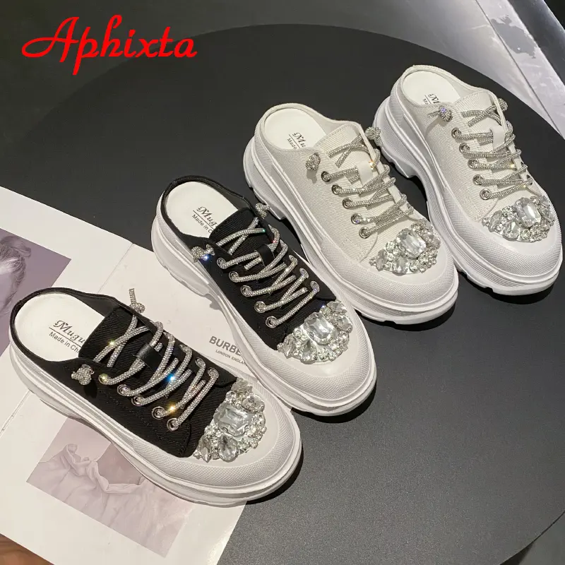 Aphixta Luxury Crystals Lace-up Toe Platform Slippers Women Rhinestone Slides Canvas Bling Shoes Wedge Thick Sole Slides