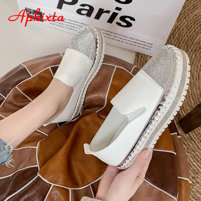 Aphixta 2025 New Crystals Luxury Leather Flats Shoes Women Hand Stitching Slip-on Flat Platform Footwear Plus Big Size 42 43