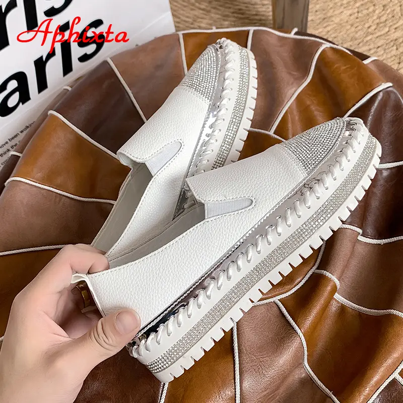 Aphixta 2025 New Crystals Luxury Leather Flats Shoes Women Hand Stitching Slip-on Flat Platform Footwear Plus Big Size 42 43
