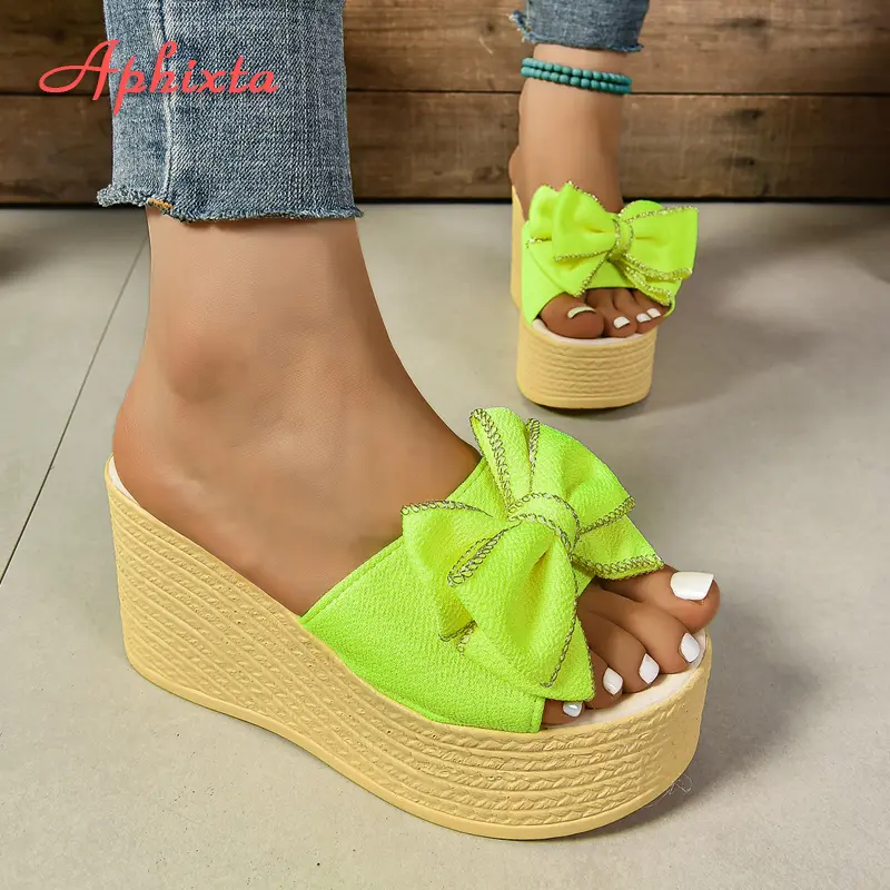 Aphixta 9cm Wedge Heels Slippers Women Fluorescent Appliques Flower Mulers 4cm Platform Sandals Clog Shoe Slides Plus Size 42 43