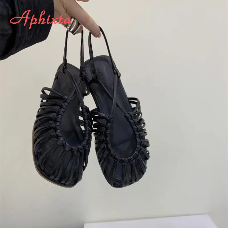 Aphixta New Flat With Woman Sandals Weave Narrow Band Outside Hollow Summer Shoes for Women 2025 Trend Shoes Sandalias De Mujer
