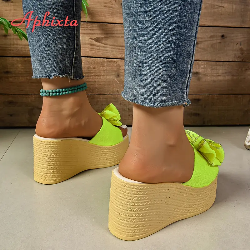 Aphixta 9cm Wedge Heels Slippers Women Fluorescent Appliques Flower Mulers 4cm Platform Sandals Clog Shoe Slides Plus Size 42 43