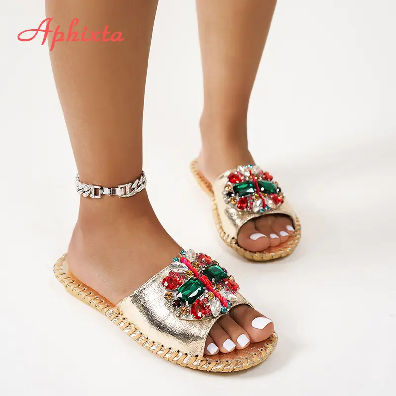 Aphixta Bling Crystal Luxury Slippers Women Round Toe Colorful Summer Shoes Flat Heel Outdoor Slides zapatos de mujer pantunflas