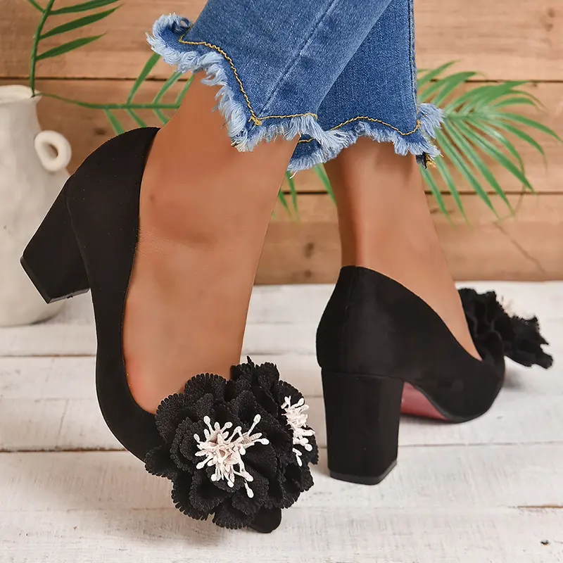 Aphixta Big Flowers With Stamens 7cm Square Heels Pumps Women Students And Adults Pointed Toe Flock Suede Shoes Plus Size 30-50