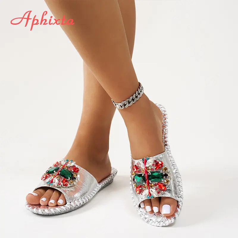 Aphixta Bling Crystal Luxury Slippers Women Round Toe Colorful Summer Shoes Flat Heel Outdoor Slides zapatos de mujer pantunflas