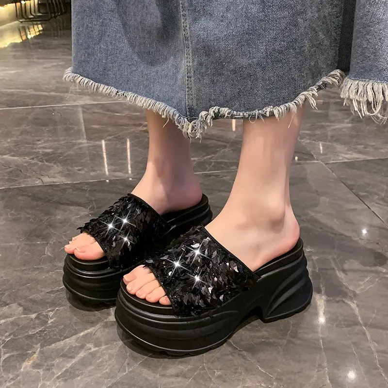 Aphixta Platform Sequined Cloth Sandals Slippers Women 8CM High Wedge Slides Women Shoes Gold Beach Slides Shoes