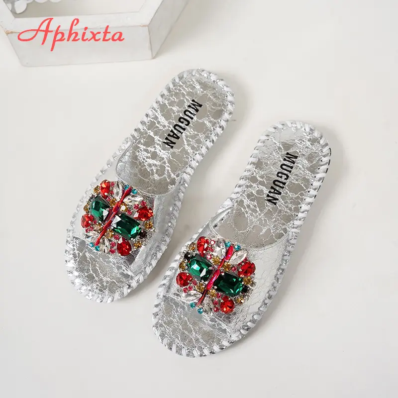Aphixta Bling Crystal Luxury Slippers Women Round Toe Colorful Summer Shoes Flat Heel Outdoor Slides zapatos de mujer pantunflas