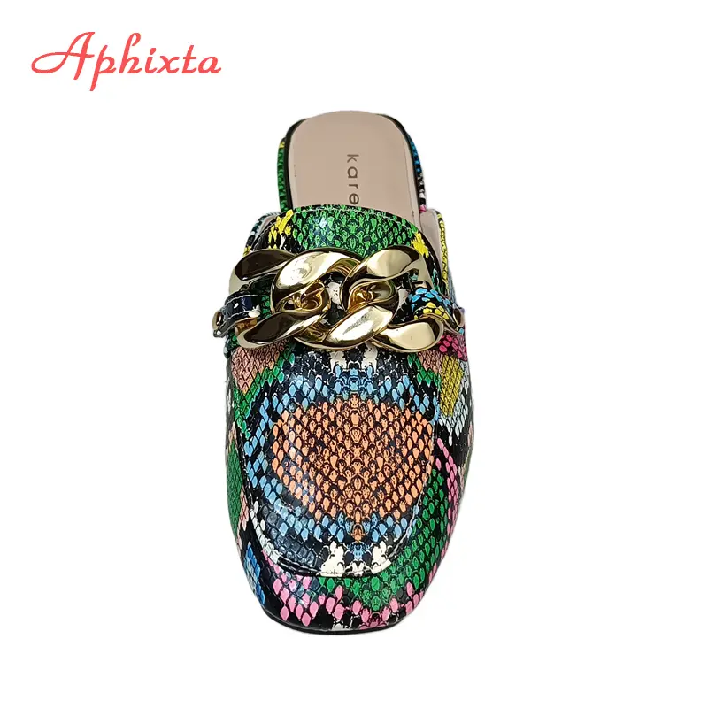Aphixta Summer New Chain Women Snake Prints Slides Square Toe Shoes Classic Gold Buckle Rope Slippers Footwear Plus Big Size 43