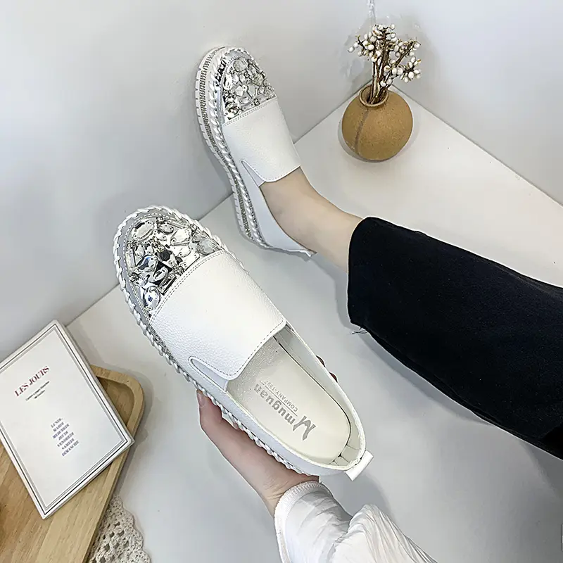 Aphixta Rhineston Round Toe Leather Flats Shoes Women White Bling Loafers Couple Platform Shoes Woman Chunky Sole Size 43