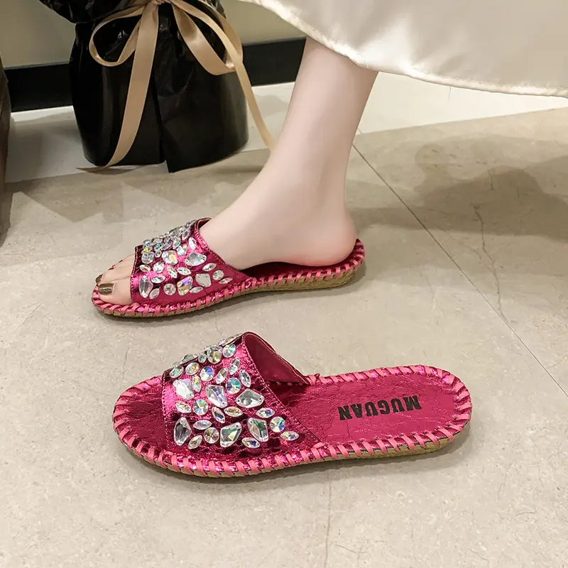 Aphixta Luxury Bling Crystal Slides Shoes 2cm Flat With Slippers WomenSewing Mulers Outside Summer Sandals Shoe Size 43 Slides