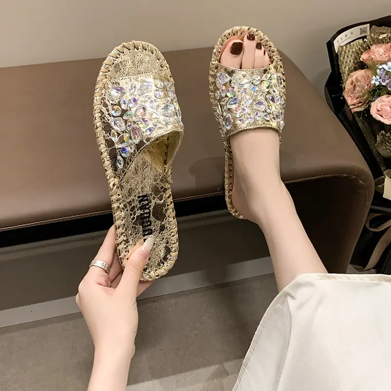 Aphixta Luxury Bling Crystal Slides Shoes 2cm Flat With Slippers WomenSewing Mulers Outside Summer Sandals Shoe Size 43 Slides