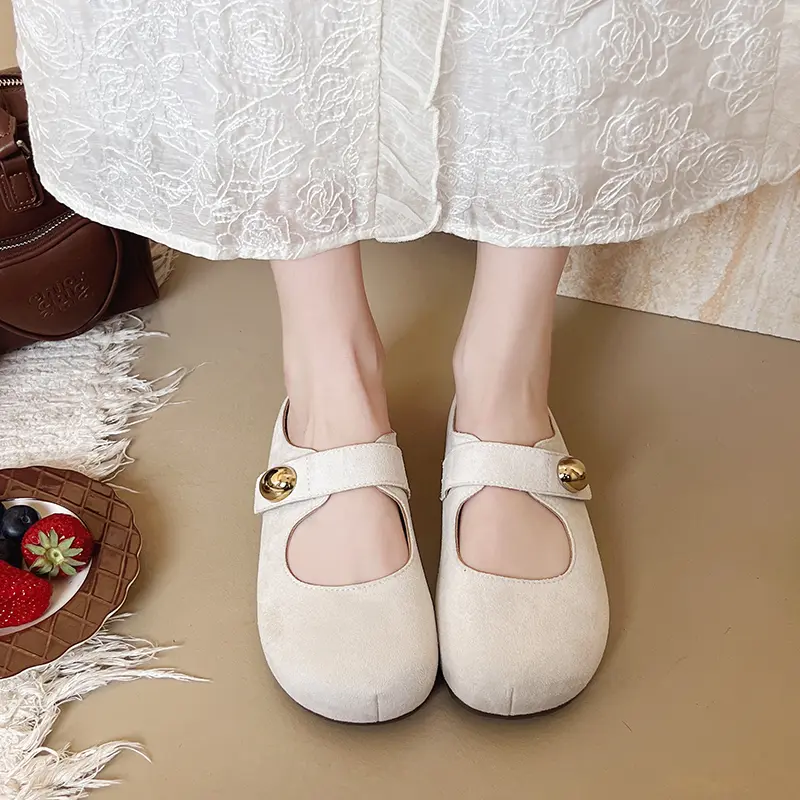 Aphixta Candy Color Flat With Women Slippers Cow Suede Metal Decoration Shoes Sweet Round Toe Slip On Outside Slide Mules