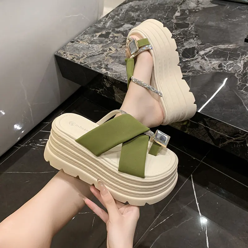 Aphixta 8cm Platform Slides Sandals Crystal Height Increasing Women's Summer Sandals Chunky Heel Flip Flops Modern Slippers