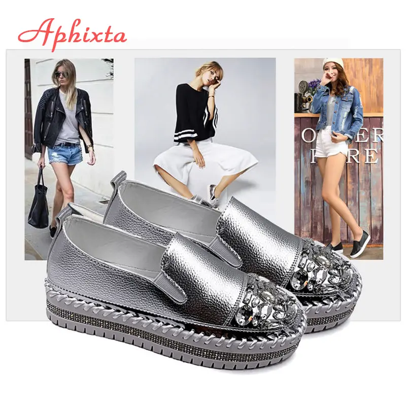 Aphixta Rhineston Round Toe Leather Flats Shoes Women White Bling Loafers Couple Platform Shoes Woman Chunky Sole Size 43