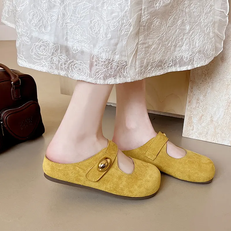 Aphixta Candy Color Flat With Women Slippers Cow Suede Metal Decoration Shoes Sweet Round Toe Slip On Outside Slide Mules