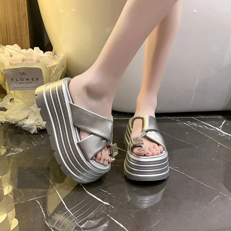 Aphixta 8cm Platform Slides Sandals Crystal Height Increasing Women's Summer Sandals Chunky Heel Flip Flops Modern Slippers