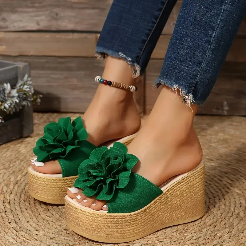 Aphixta Green Baby Pink New 3.54 Inch Hight Wedge Heels Appliques Flowers Platform Slides Women