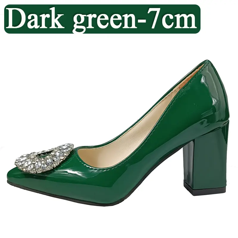 Aphixta Bing Big Crystals Round Buckle 7cm Chunky Heels Pumps Women Shoes Dark Green Fashion and Leisure Pointed Toe Pumps