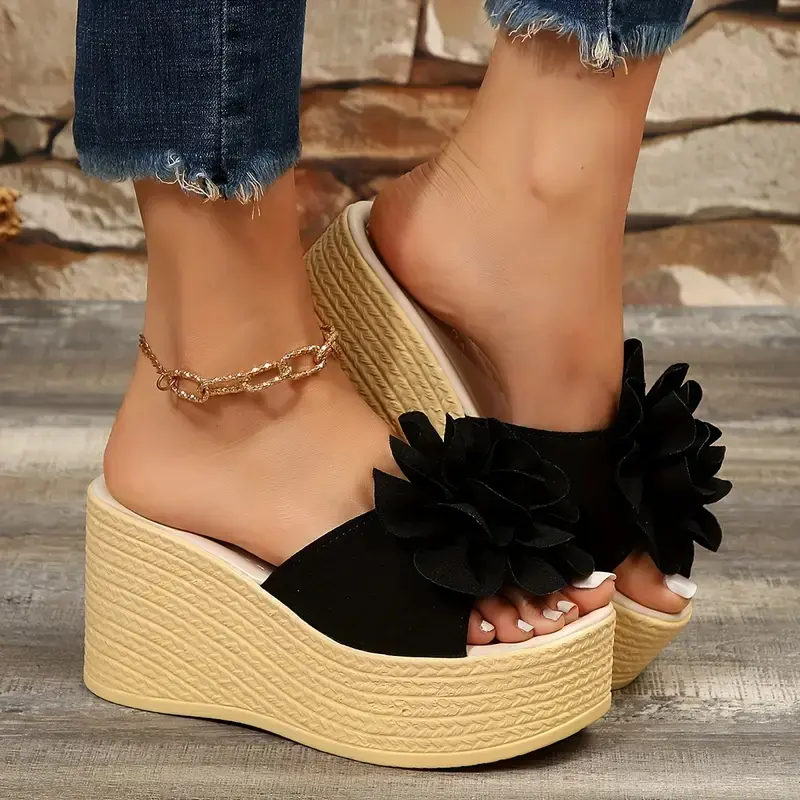 Aphixta Green Baby Pink New 3.54 Inch Hight Wedge Heels Appliques Flowers Platform Slides Women