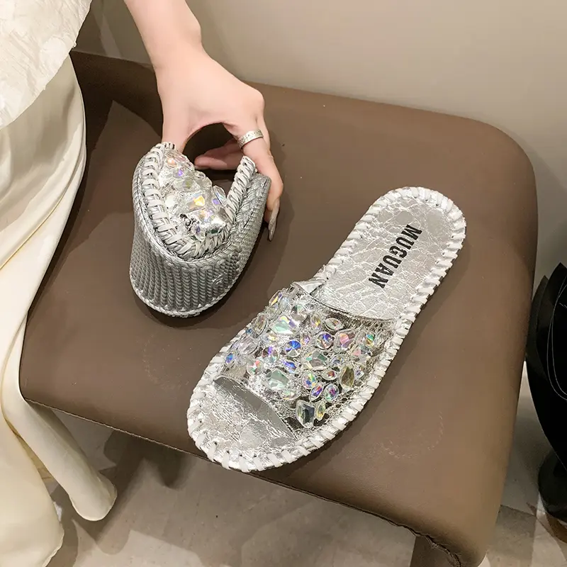 Aphixta Luxury Bling Crystal Slides Shoes 2cm Flat With Slippers WomenSewing Mulers Outside Summer Sandals Shoe Size 43 Slides