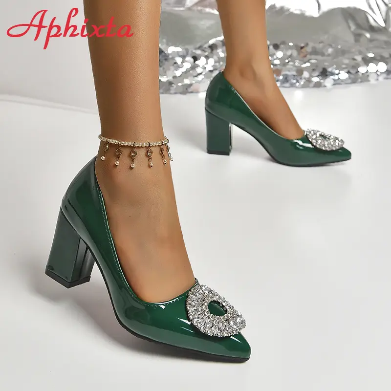 Aphixta Bing Big Crystals Round Buckle 7cm Chunky Heels Pumps Women Shoes Dark Green Fashion and Leisure Pointed Toe Pumps