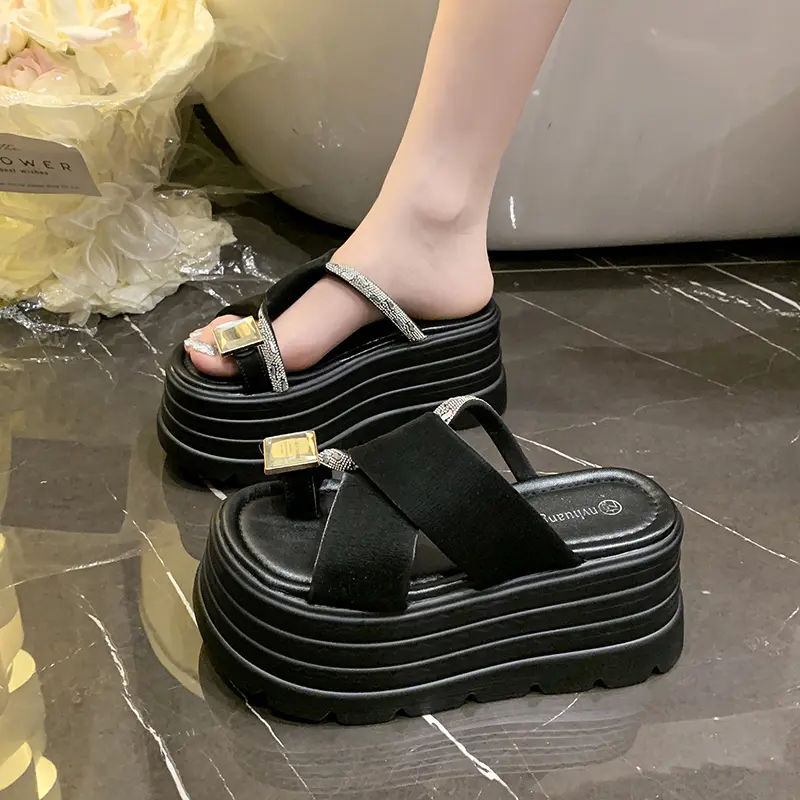 Aphixta 8cm Platform Slides Sandals Crystal Height Increasing Women's Summer Sandals Chunky Heel Flip Flops Modern Slippers