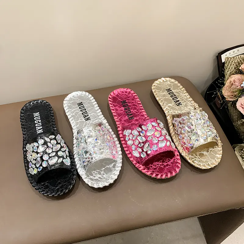 Aphixta Luxury Bling Crystal Slides Shoes 2cm Flat With Slippers WomenSewing Mulers Outside Summer Sandals Shoe Size 43 Slides