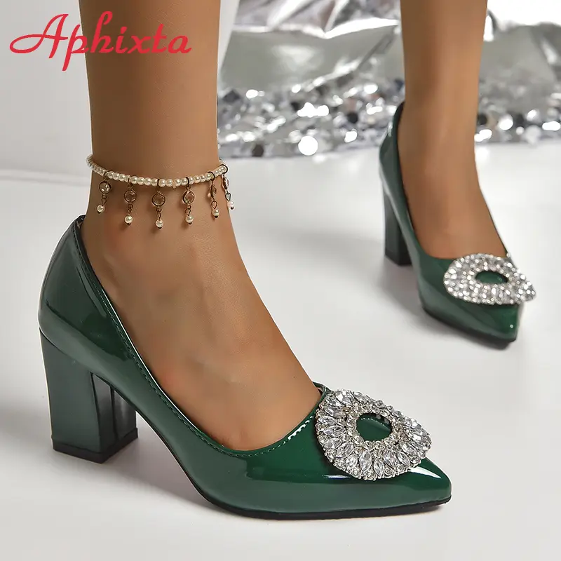 Aphixta Bing Big Crystals Round Buckle 7cm Chunky Heels Pumps Women Shoes Dark Green Fashion and Leisure Pointed Toe Pumps