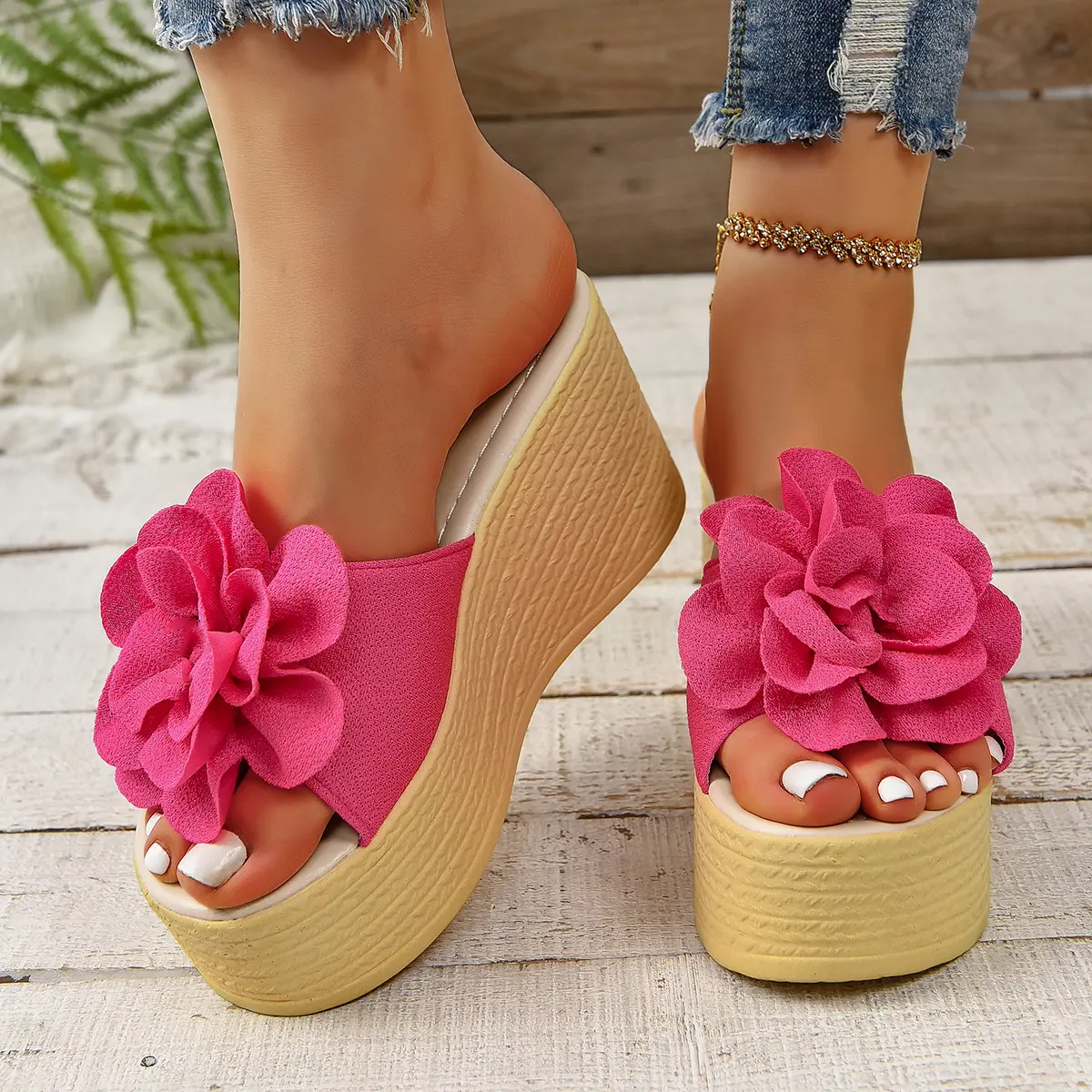 Aphixta Green Baby Pink New 3.54 Inch Hight Wedge Heels Appliques Flowers Platform Slides Women