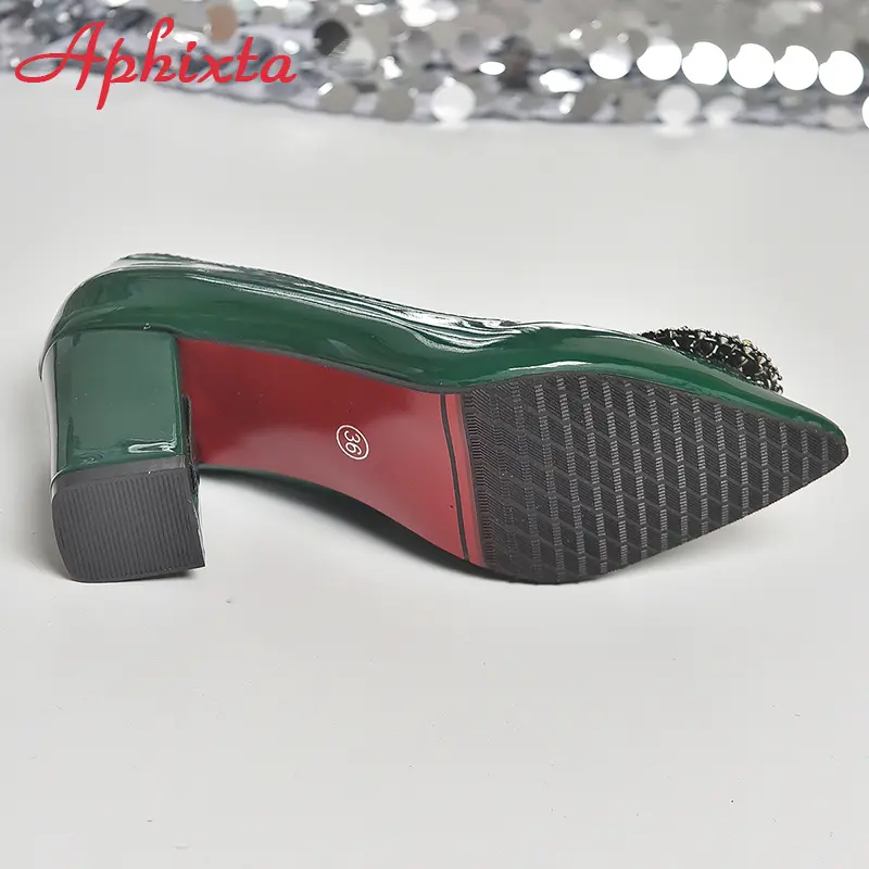 Aphixta Bing Big Crystals Round Buckle 7cm Chunky Heels Pumps Women Shoes Dark Green Fashion and Leisure Pointed Toe Pumps