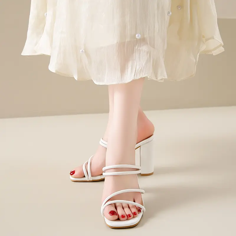 Aphixta 9cm High Heels Elegant Women Slides Square Toe Narrow Band Summer Heeled Sandals Sexy High Heels Shoes Plus Size 44