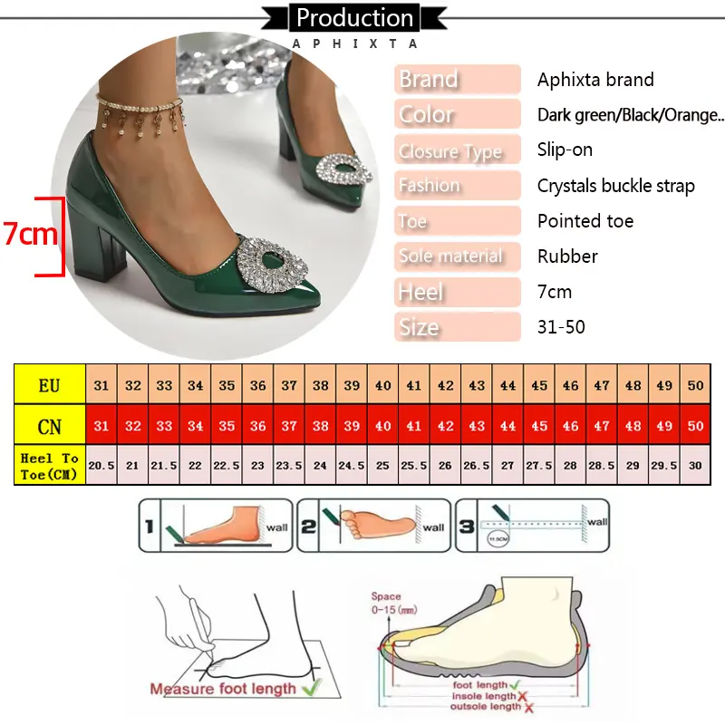 Aphixta Bing Big Crystals Round Buckle 7cm Chunky Heels Pumps Women Shoes Dark Green Fashion and Leisure Pointed Toe Pumps