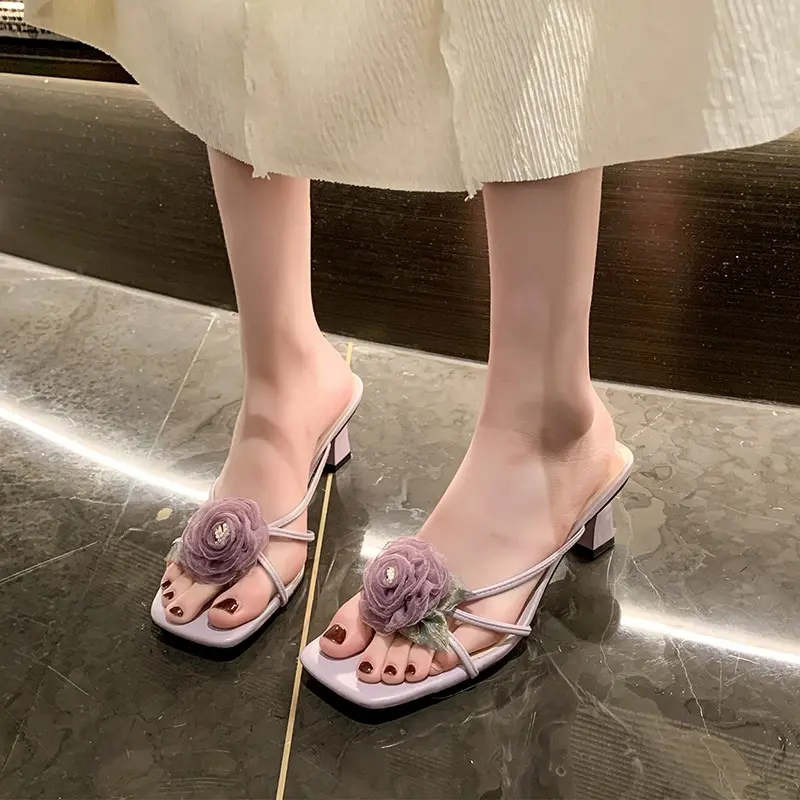 Aphixta 6cm High Heels Slides Elegant Summer Woman Shoes Big Flower Outside Slides Purple Sandals Sexy Dress Shoes Big Size 43