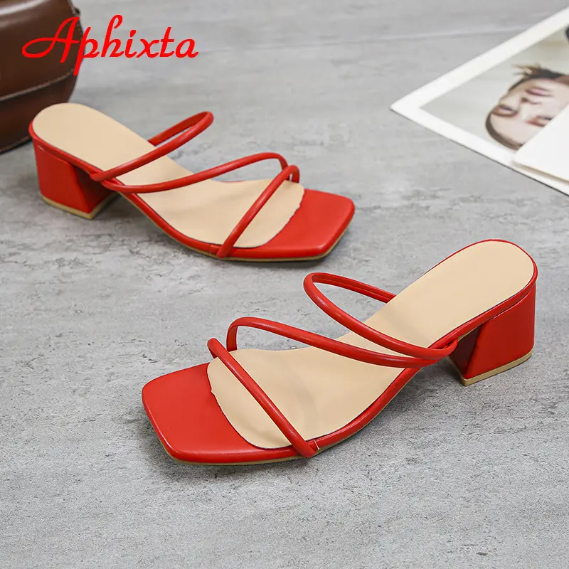 Aphixta 2025 New 4.5cm Red Low Square Heels Slides Women Simple Peep Toe Flip Flops Cool Summer Slippers Sandals Elegant Shoes