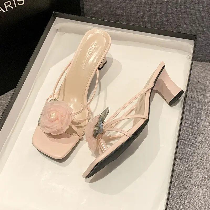 Aphixta 6cm High Heels Slides Elegant Summer Woman Shoes Big Flower Outside Slides Purple Sandals Sexy Dress Shoes Big Size 43
