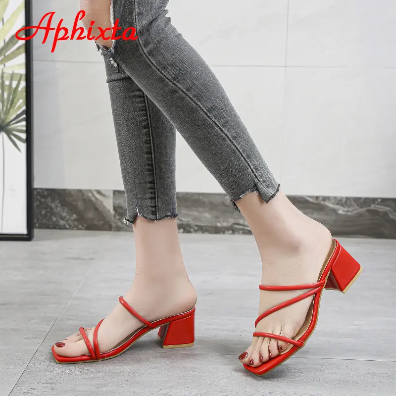 Aphixta 2025 New 4.5cm Red Low Square Heels Slides Women Simple Peep Toe Flip Flops Cool Summer Slippers Sandals Elegant Shoes